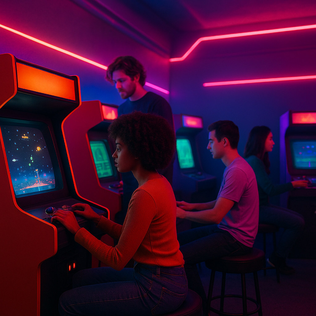 Arcade lounge with neon cabinets and players