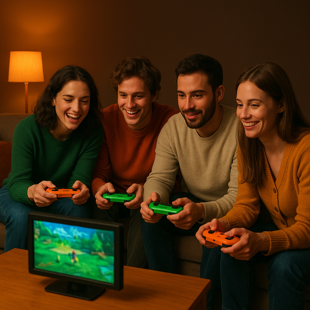 Players around a small living room setup